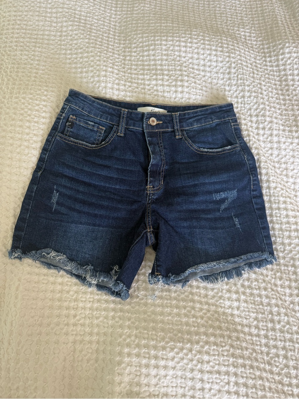 KanCan Dark Blue Distressed Frayed Hem Jean Shorts